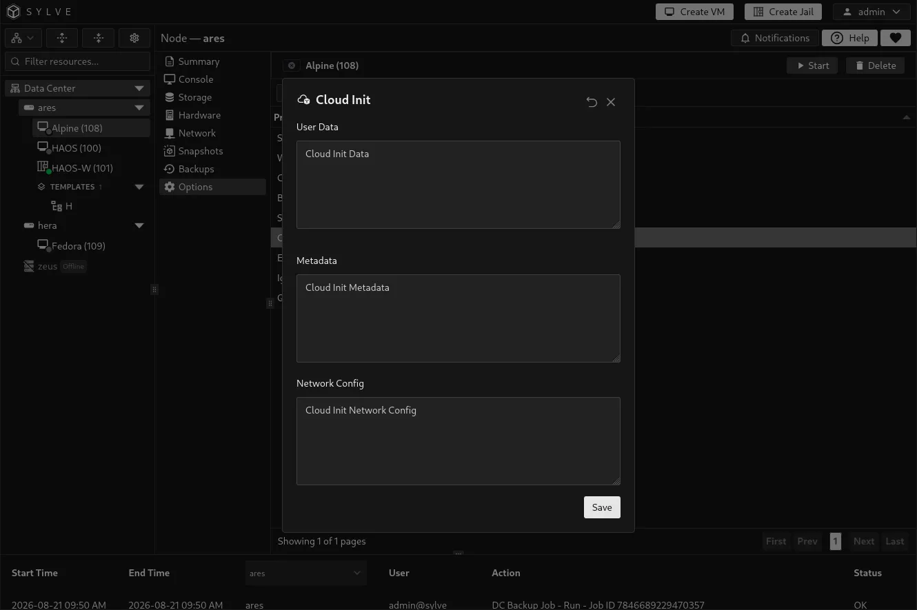 Cloud Init editor with User Data, Metadata, and Network Config populated with example YAML
