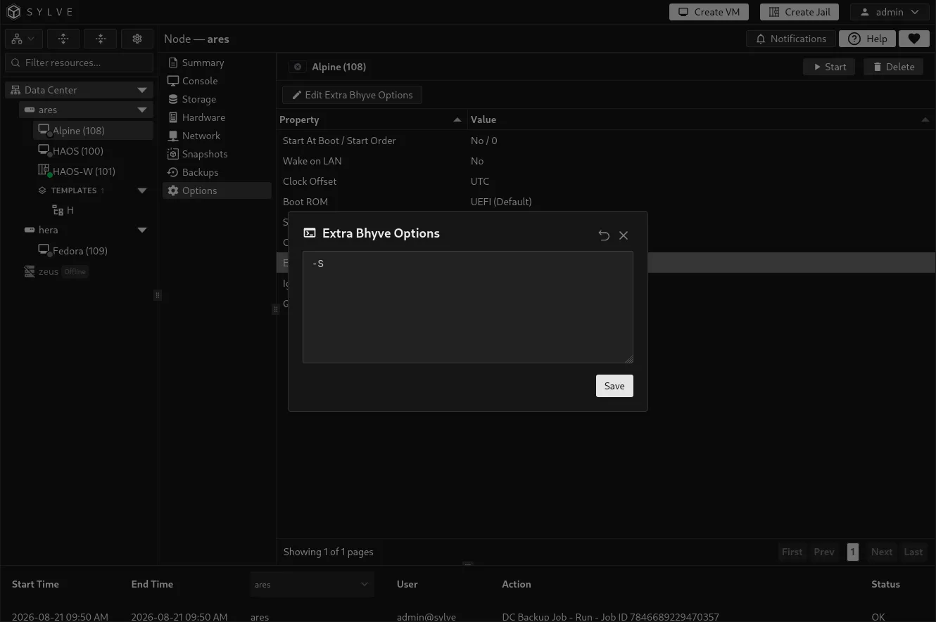 Extra Bhyve Options editor with one option per line
