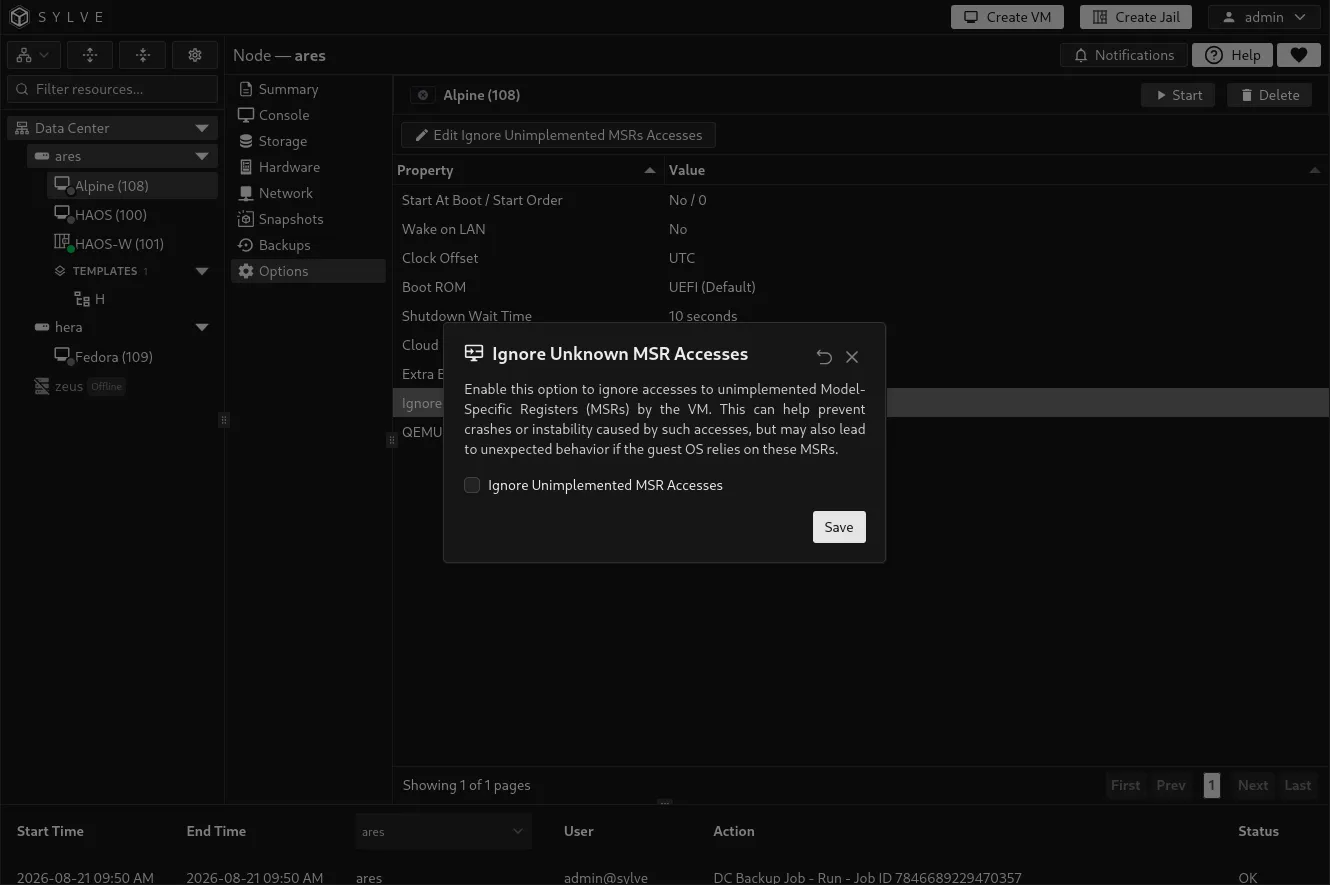 Ignore Unimplemented MSR Accesses dialog with its guest compatibility warning