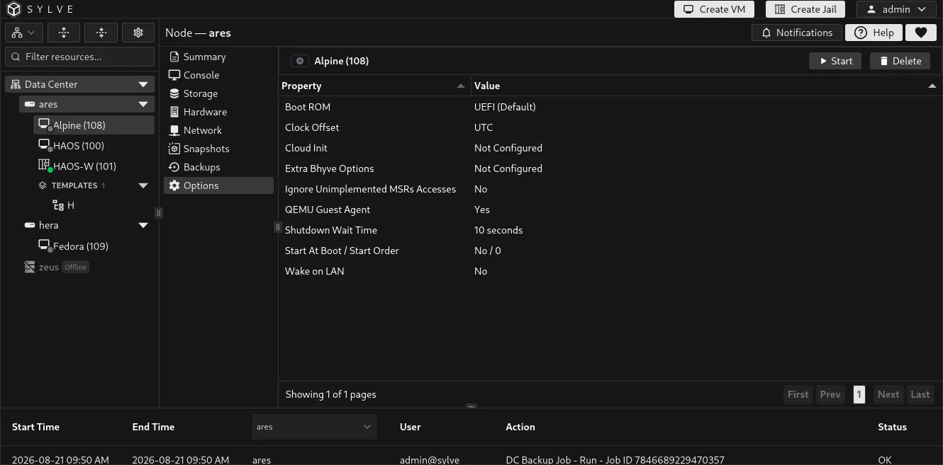 VM Options table showing startup, firmware, Cloud-Init, compatibility, and guest-agent settings