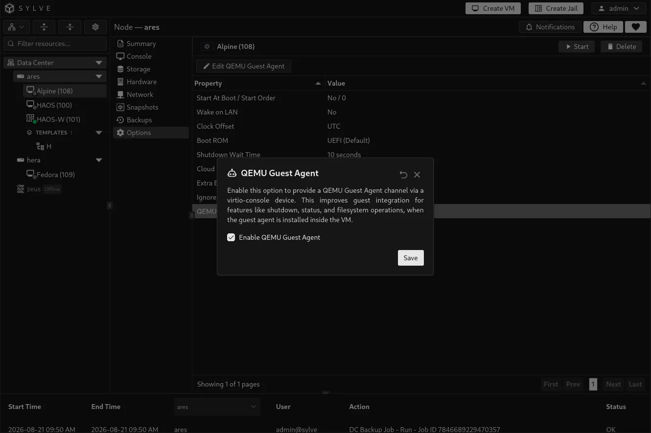 QEMU Guest Agent dialog with the VirtIO guest-agent channel enabled