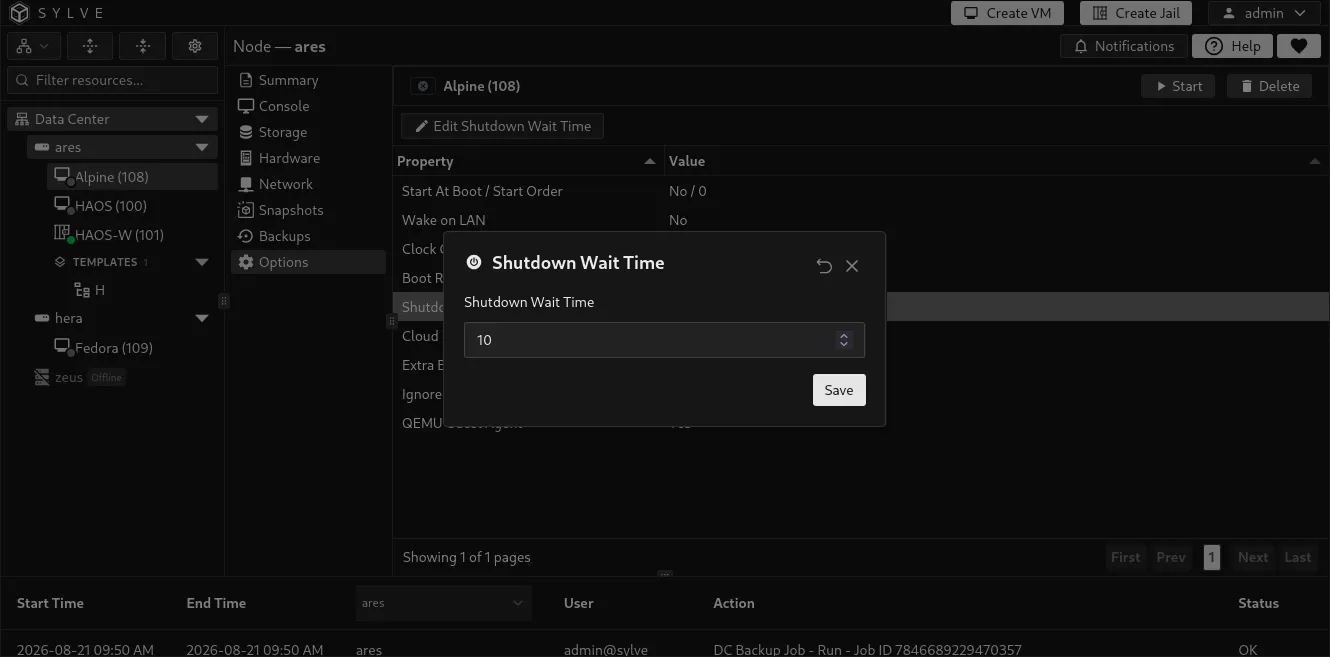 Shutdown Wait Time editor with the number of seconds allowed for graceful shutdown