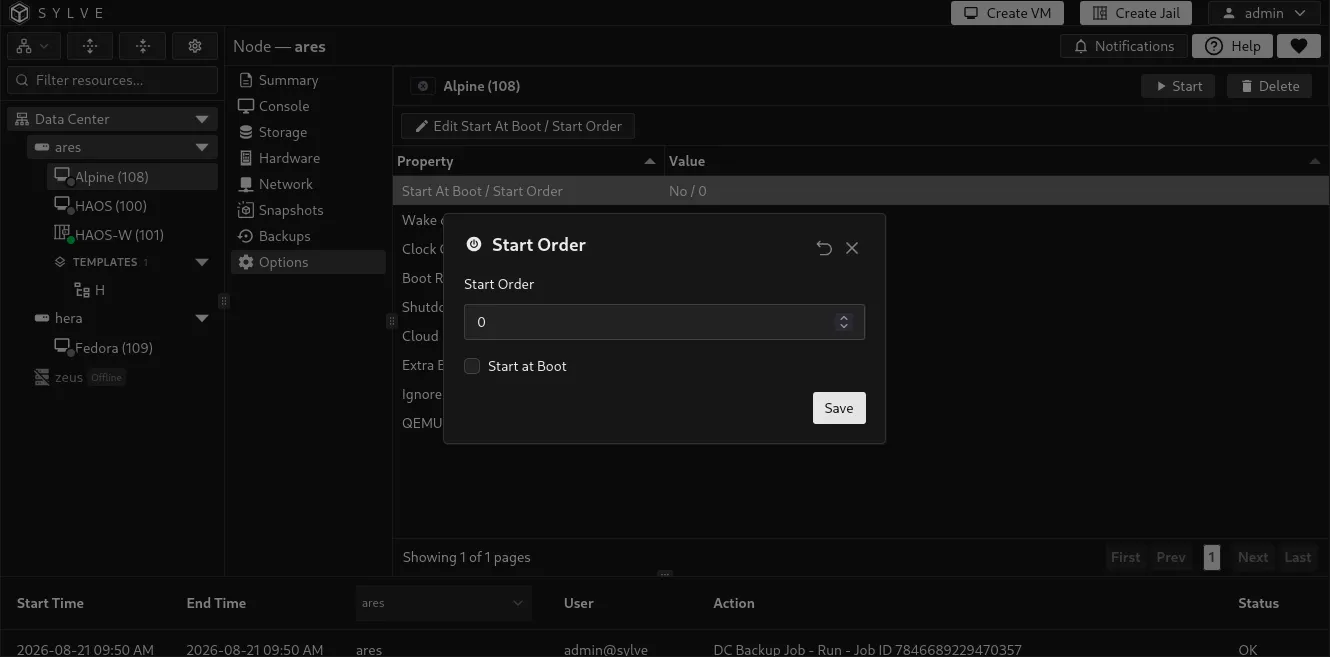Start Order editor with Start at Boot enabled and a non-negative startup order