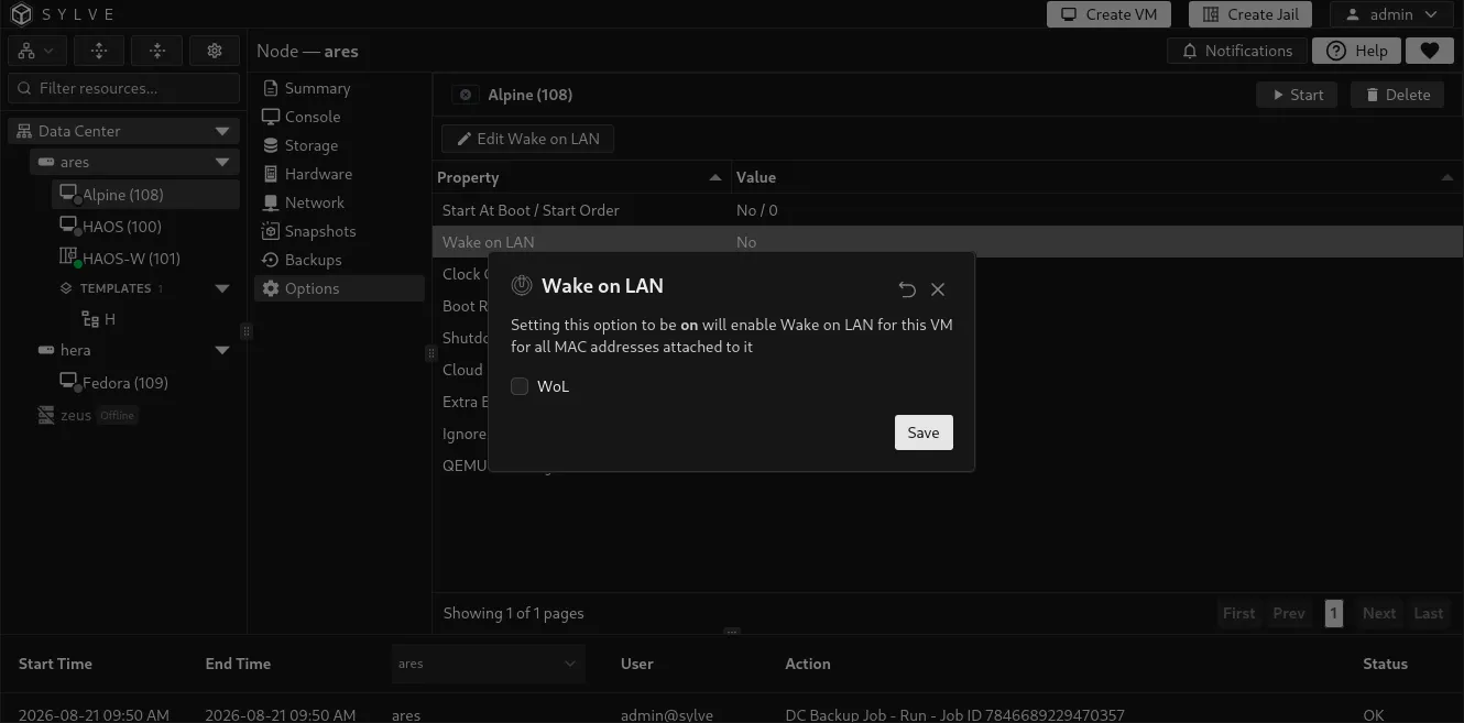 Wake on LAN dialog with magic-packet startup enabled for the VM