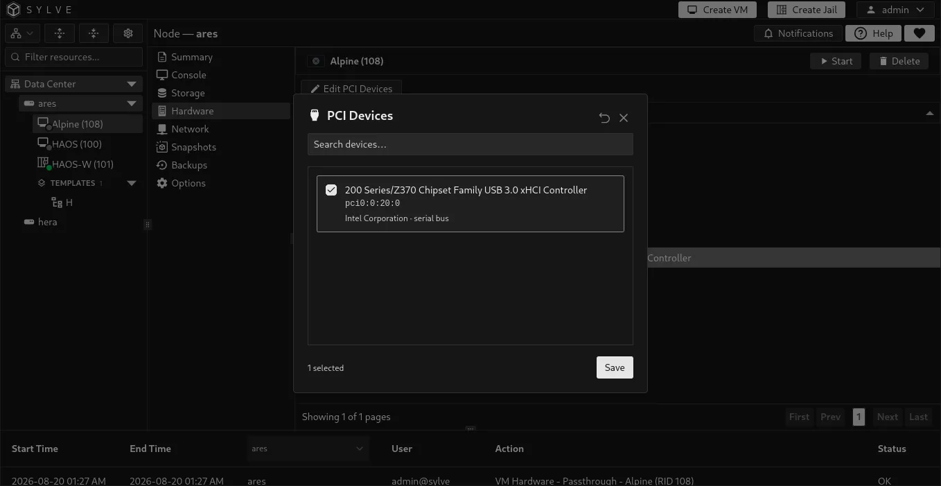 PCI Devices dialog for a shut-off virtual machine with a prepared Intel USB controller selected