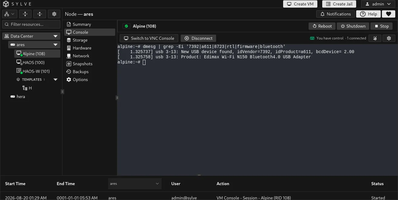 Alpine virtual machine showing the passed-through USB controller and Wi-Fi dongle available inside the guest