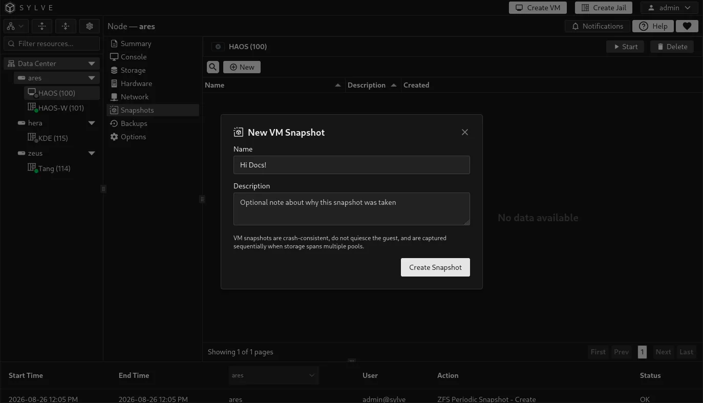 New VM Snapshot dialog with a recovery point name, optional description, and crash-consistent notice