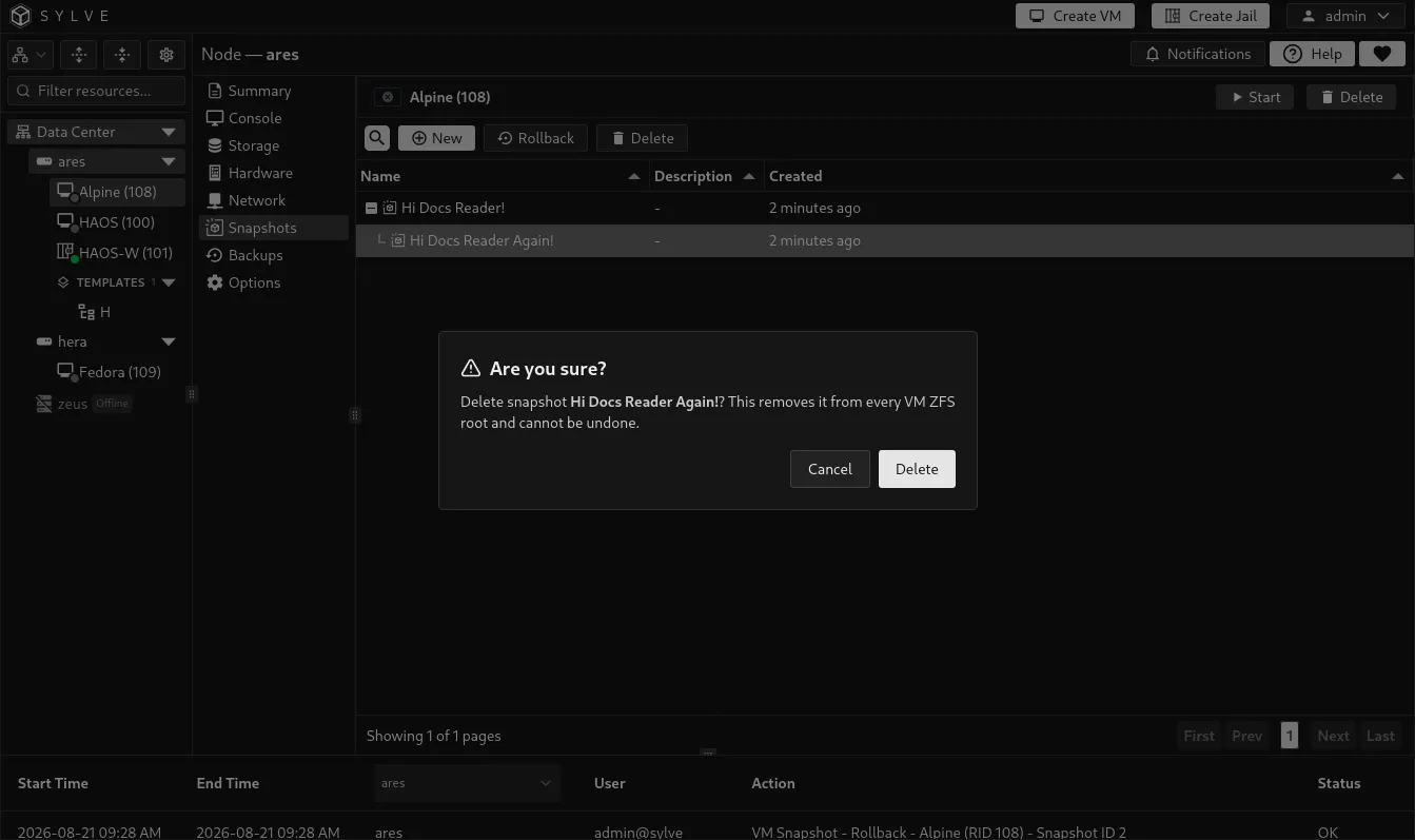 Delete confirmation dialog for a selected VM recovery point