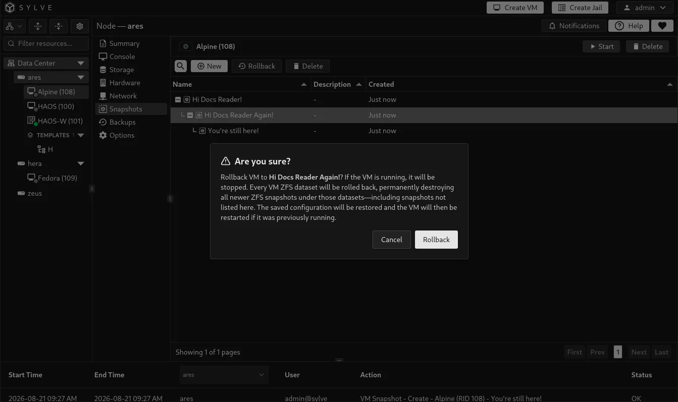 Rollback confirmation warning that newer ZFS snapshots are destroyed and a previously running VM is restarted