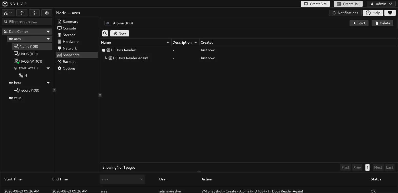 VM Snapshots table showing a parent and child recovery point, creation times, and the New action