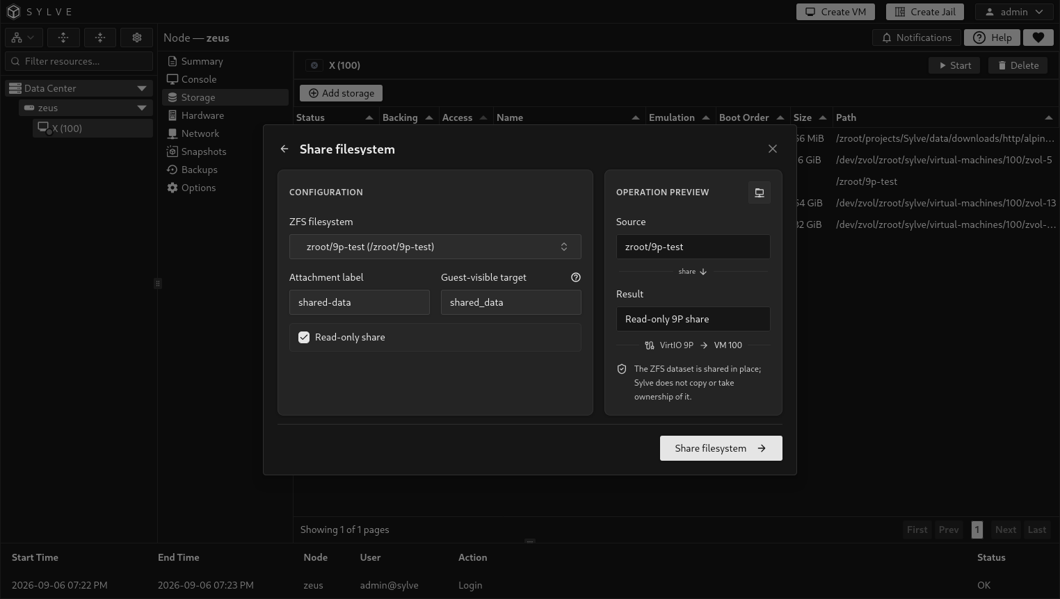 Share filesystem form for zroot/9p-test with attachment label shared-data, guest-visible target shared_data, and Read-only share enabled.
