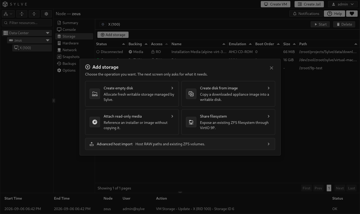 Add storage choices for an empty disk, disk from image, read-only media, filesystem share, and advanced host import.