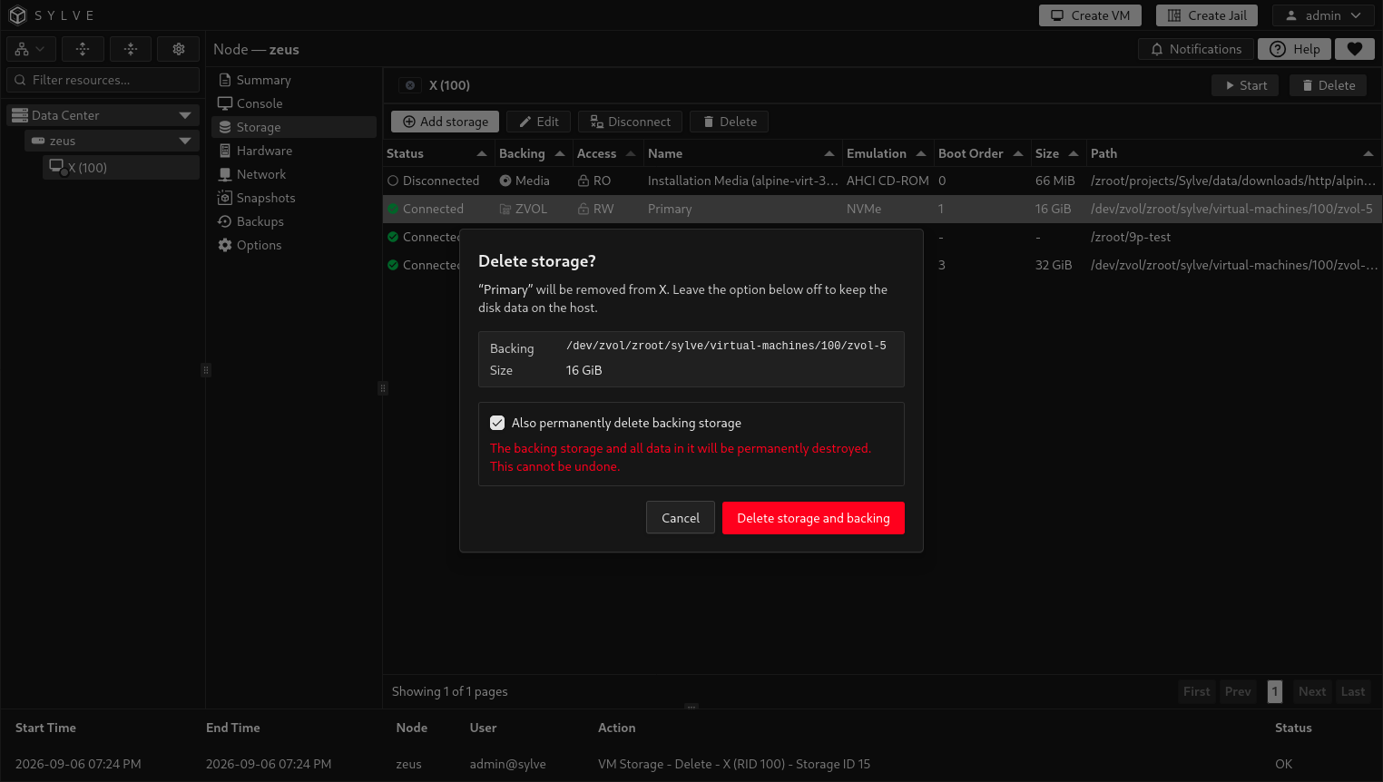 Delete storage confirmation for the Primary disk with Also permanently delete backing storage selected and a warning that its data will be destroyed.