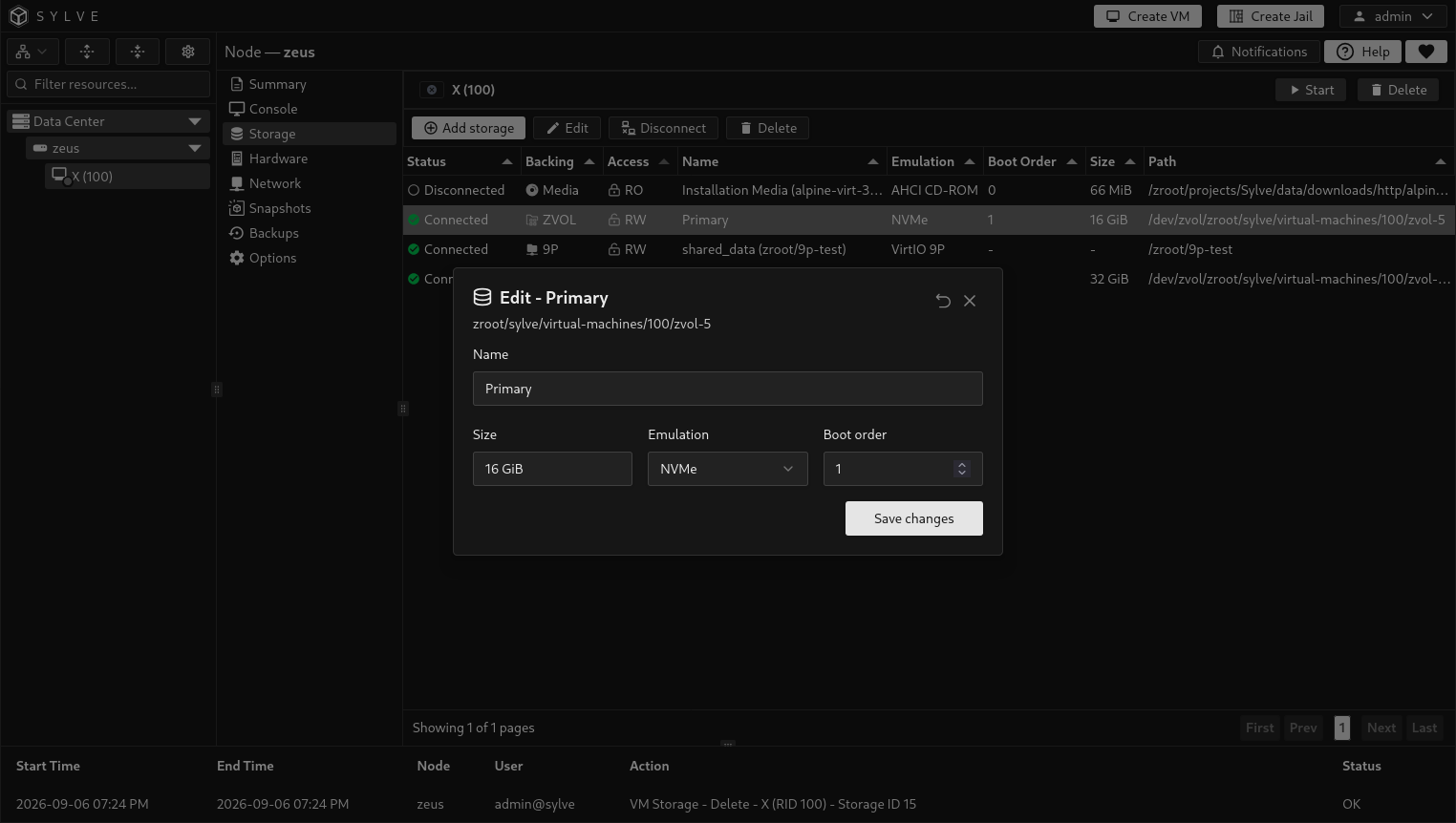 Edit dialog for the Primary ZVOL disk showing its managed dataset path, 16 GiB size, NVMe emulation, boot order, and Save changes action.