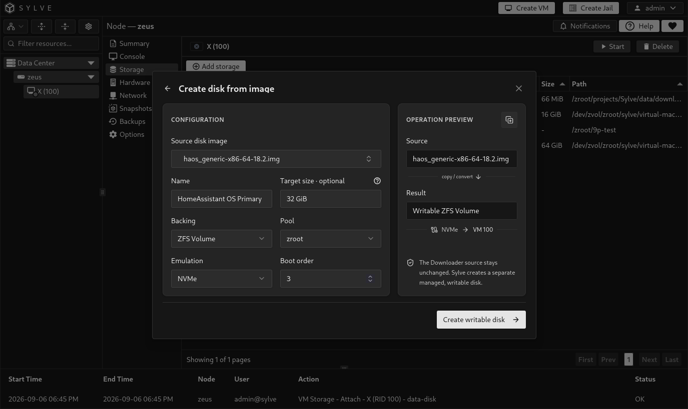 Create disk from image form using a Home Assistant OS image with a 32 GiB target ZFS volume in zroot and a preview confirming the source stays unchanged.