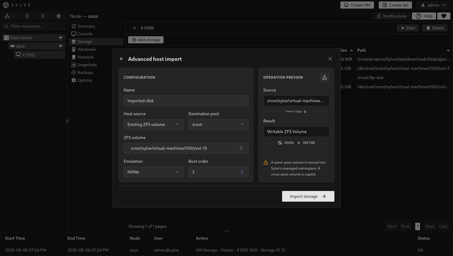 Advanced host import form for an existing ZFS volume into zroot, with NVMe emulation and a preview explaining same-pool moves and cross-pool copies.
