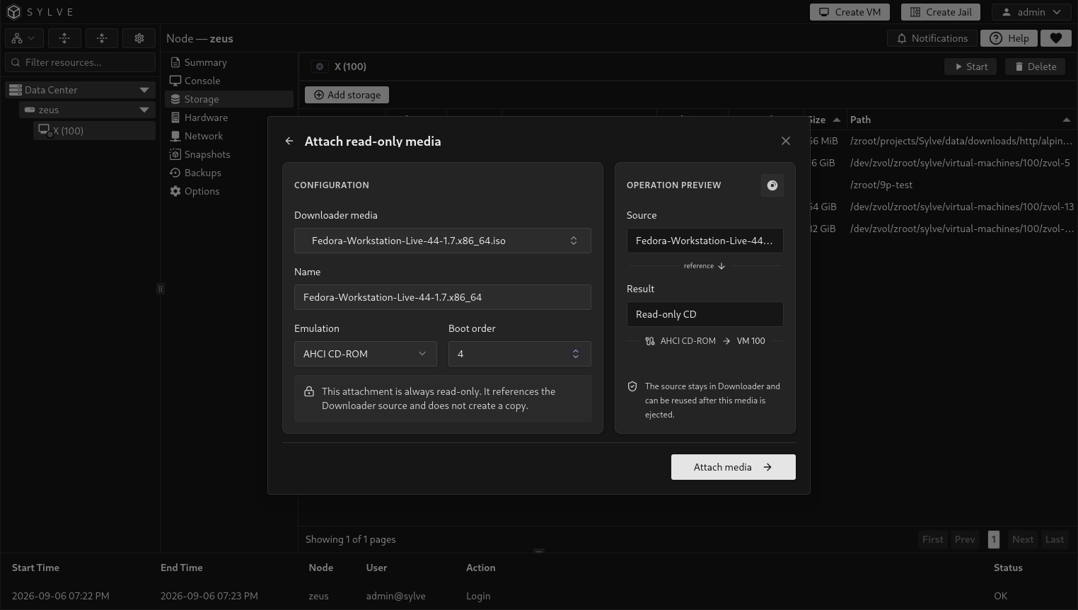 Attach read-only media form with a Fedora Workstation installer ISO, AHCI CD-ROM emulation, and a direct-reference operation preview.
