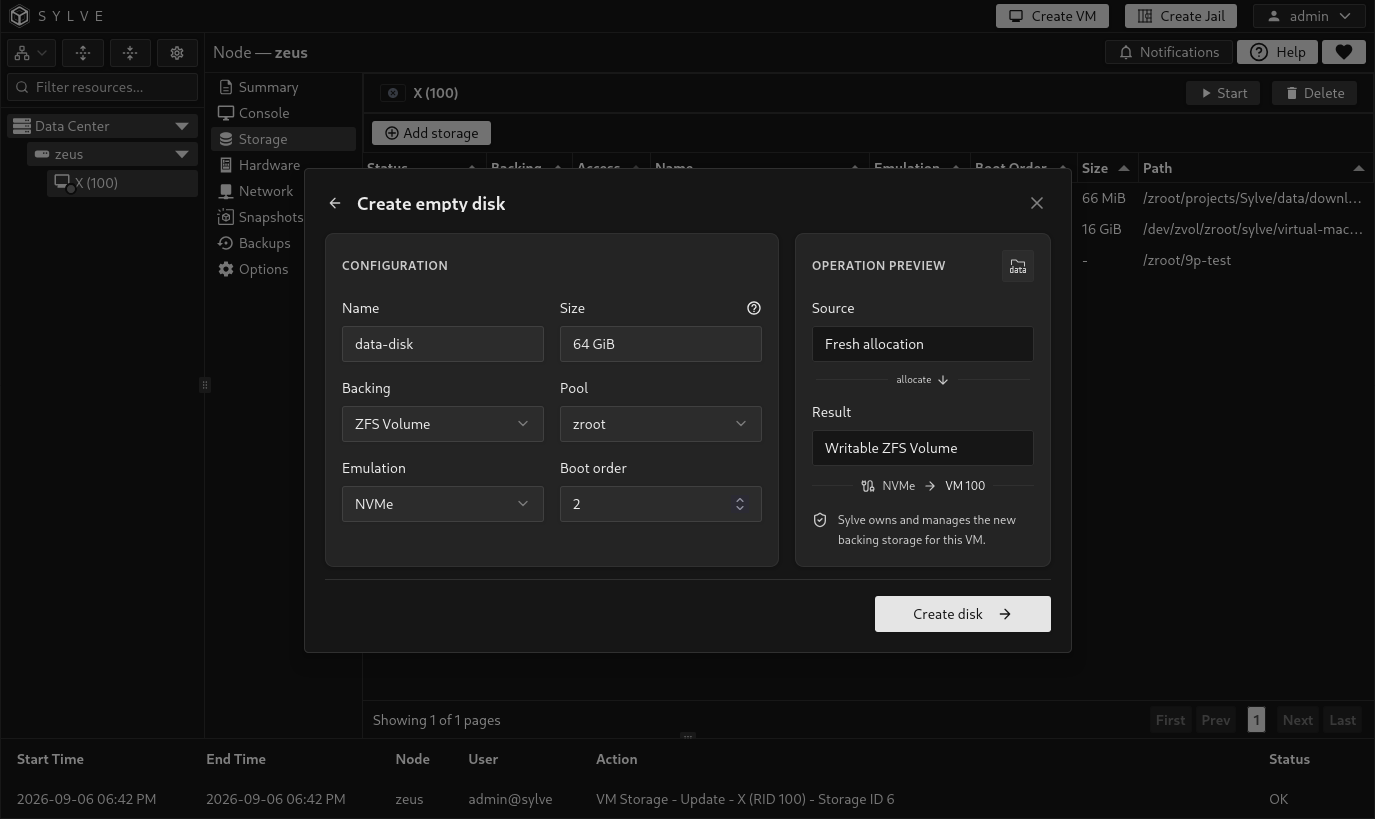 Create empty disk form for a 64 GiB data-disk ZFS volume in zroot, using NVMe and boot order 2.