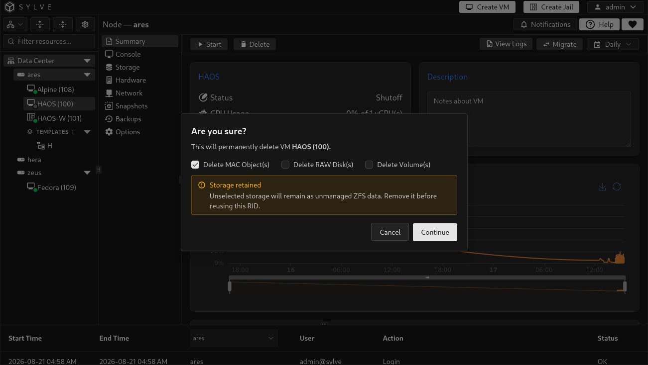 Delete VM confirmation offering removal of managed MAC objects, raw disks, and ZFS volumes