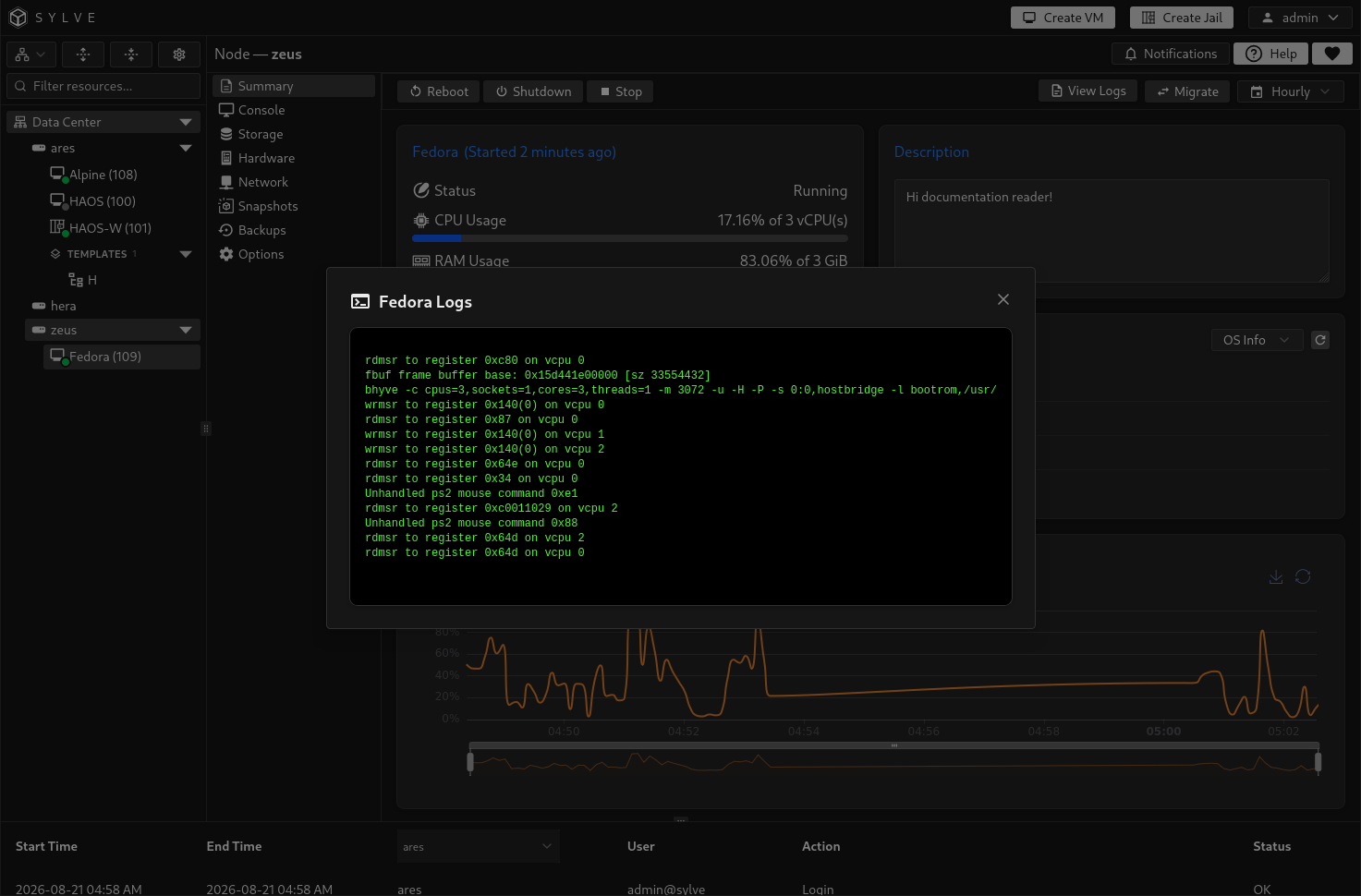 Virtual machine log viewer showing representative lifecycle and boot output