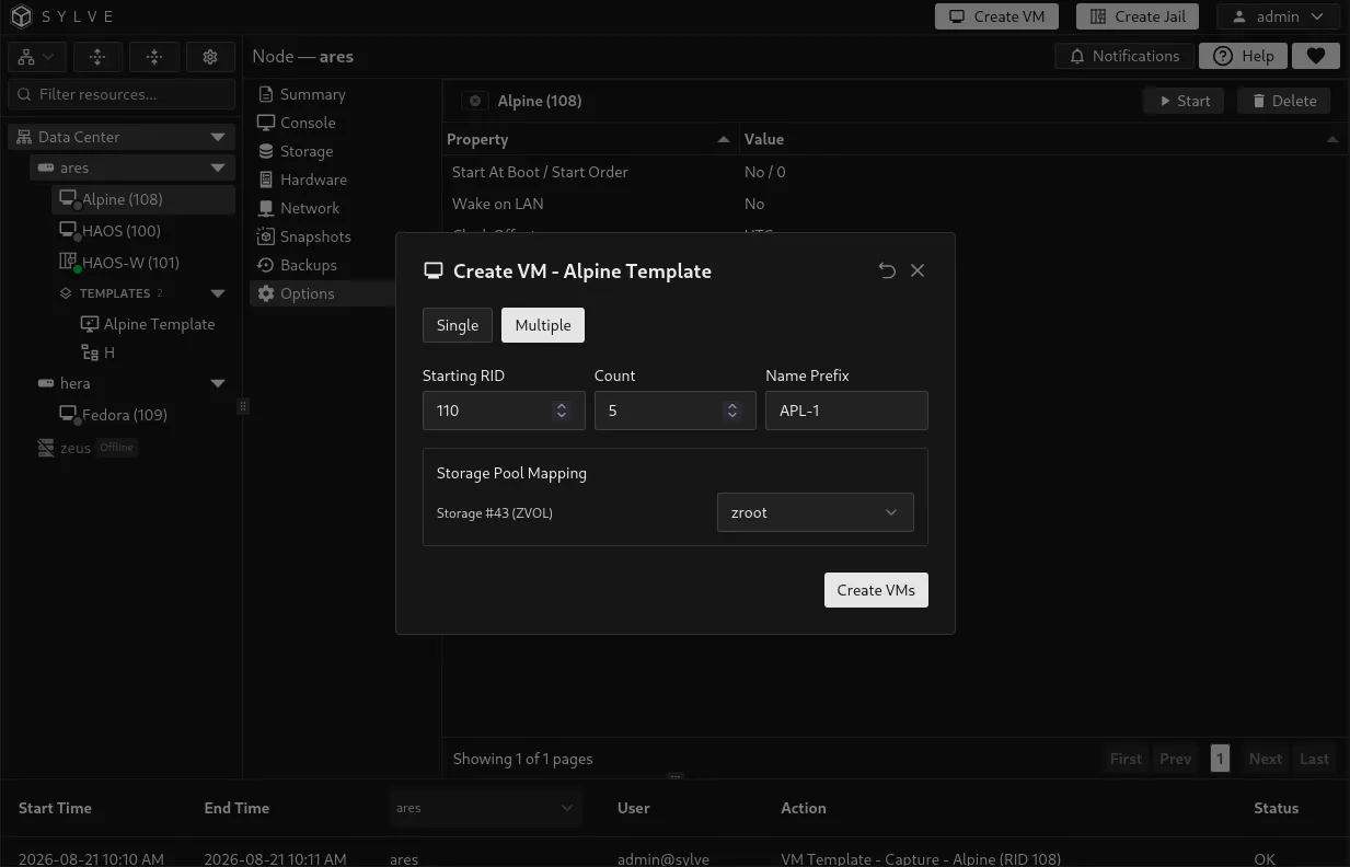 Create VMs from template in Multiple mode with a RID range, name prefix, storage mappings, and Cloud-Init identity rewriting