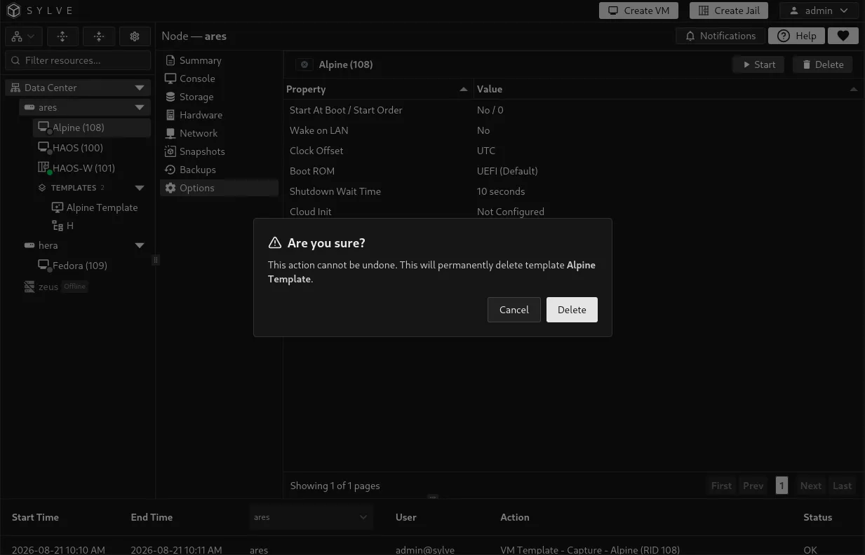 Template deletion confirmation explaining that template storage is removed while existing VMs remain