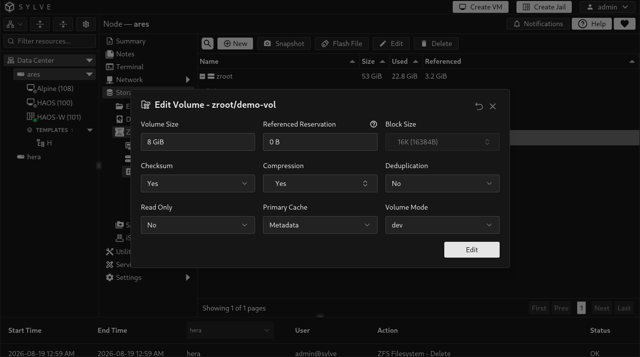 Edit Volume dialog in Sylve showing volume size, reservation, disabled block size, and editable ZFS properties