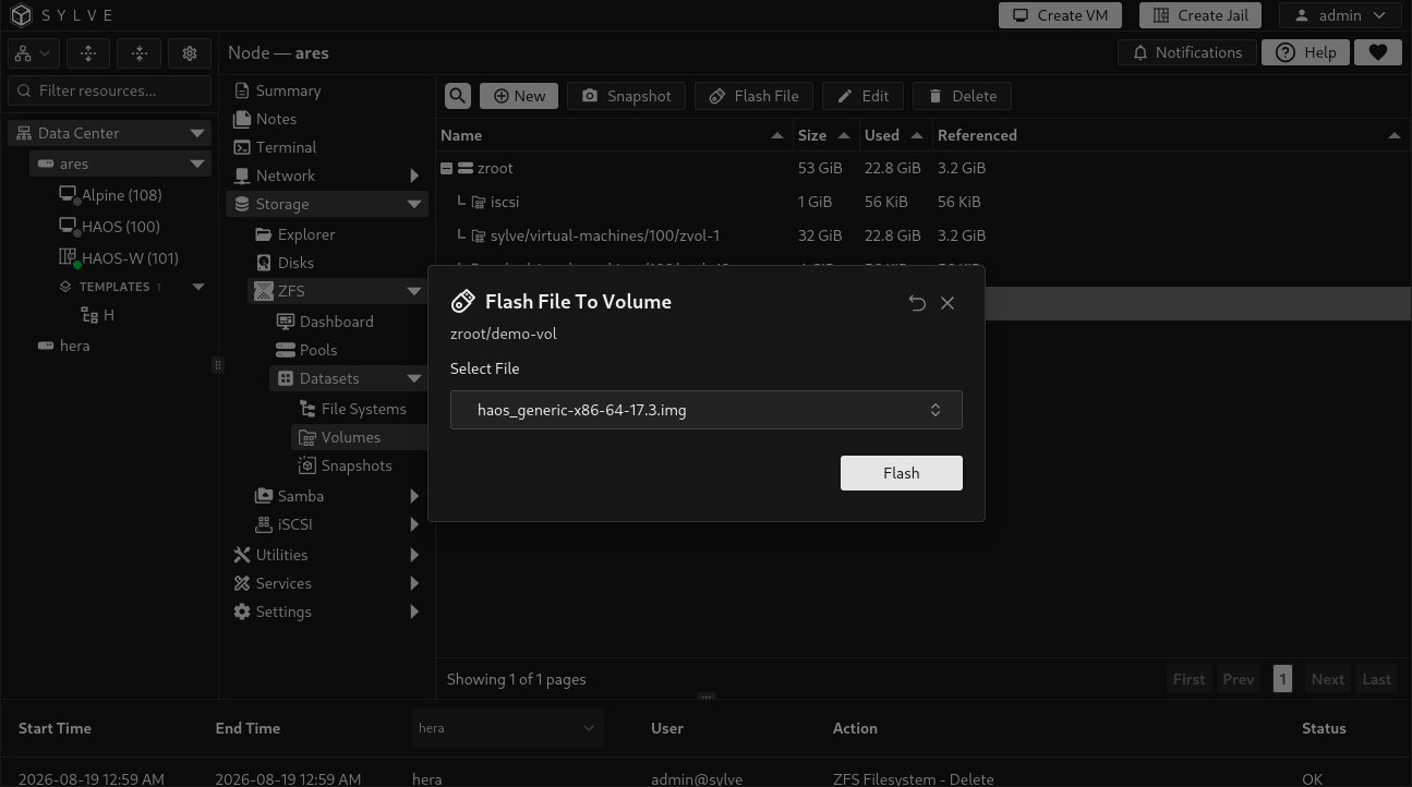 Flash File dialog in Sylve listing downloaded ISO or image files for a selected ZFS volume