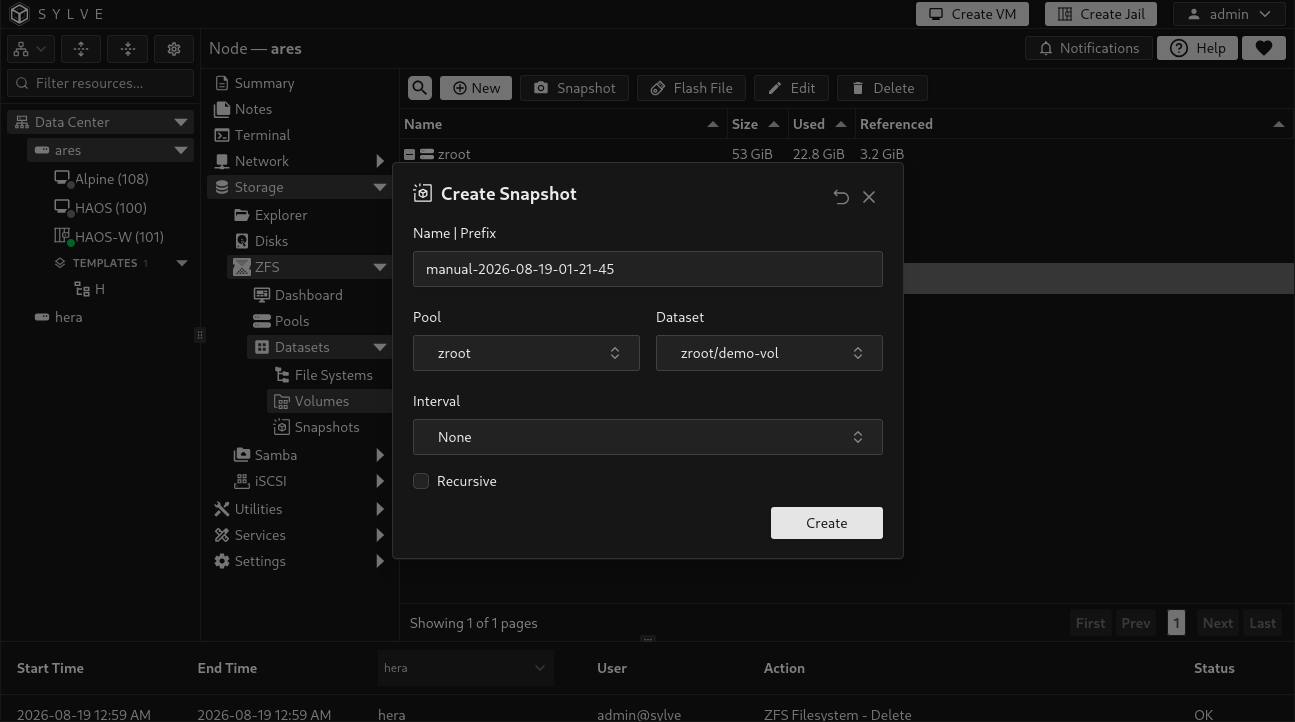 Sylve Volumes page with a selected zvol and the Snapshot toolbar action visible