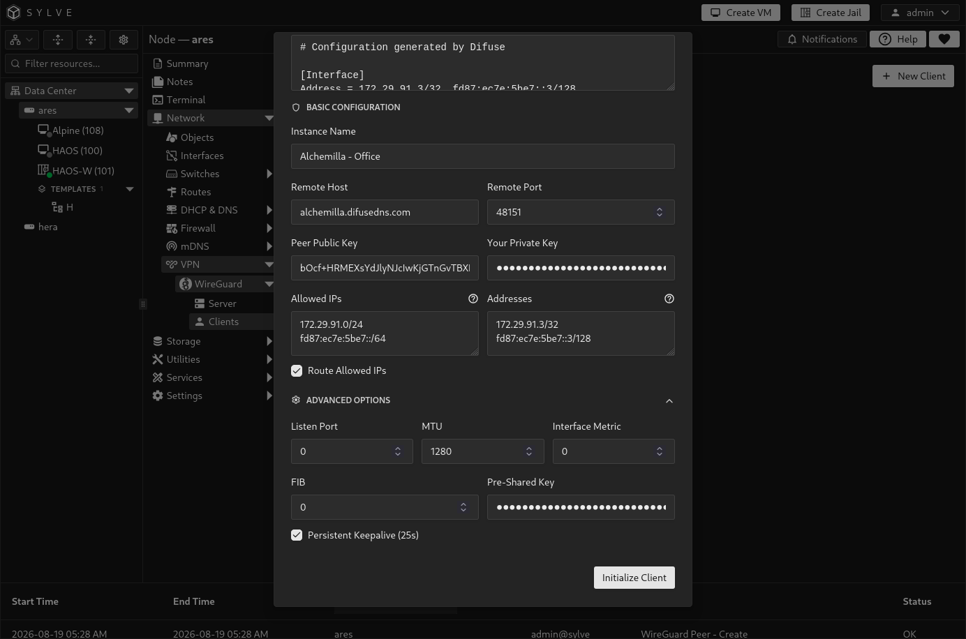 Advanced Options in the WireGuard client dialog showing listen port, MTU, interface metric, FIB, pre-shared key, and persistent keepalive