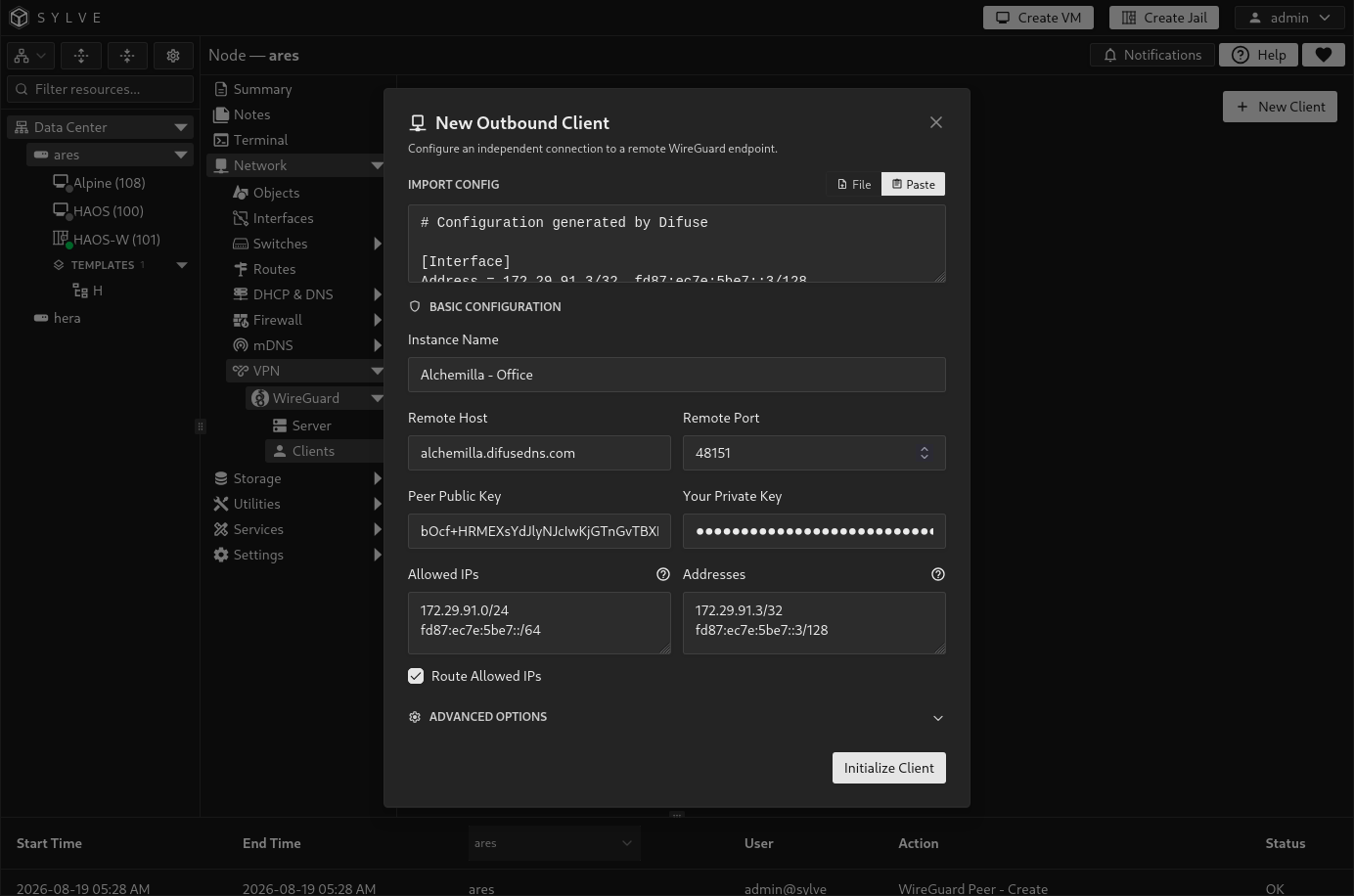 New Outbound WireGuard Client dialog with a configuration file import control and connection fields auto-populated from an imported file