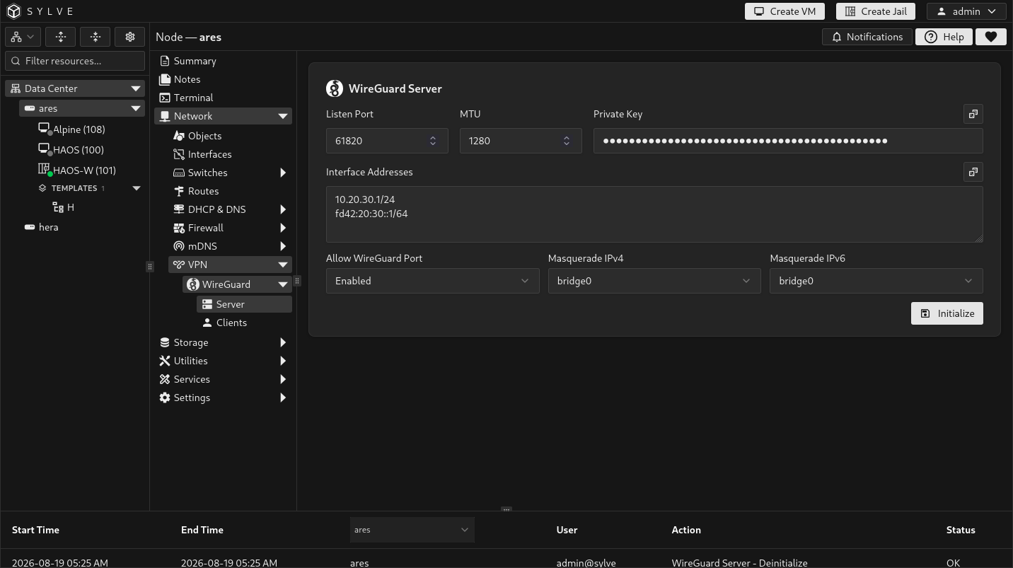 Initialize WireGuard Server form with a UDP port, IPv4 and IPv6 tunnel addresses, MTU, and managed firewall options