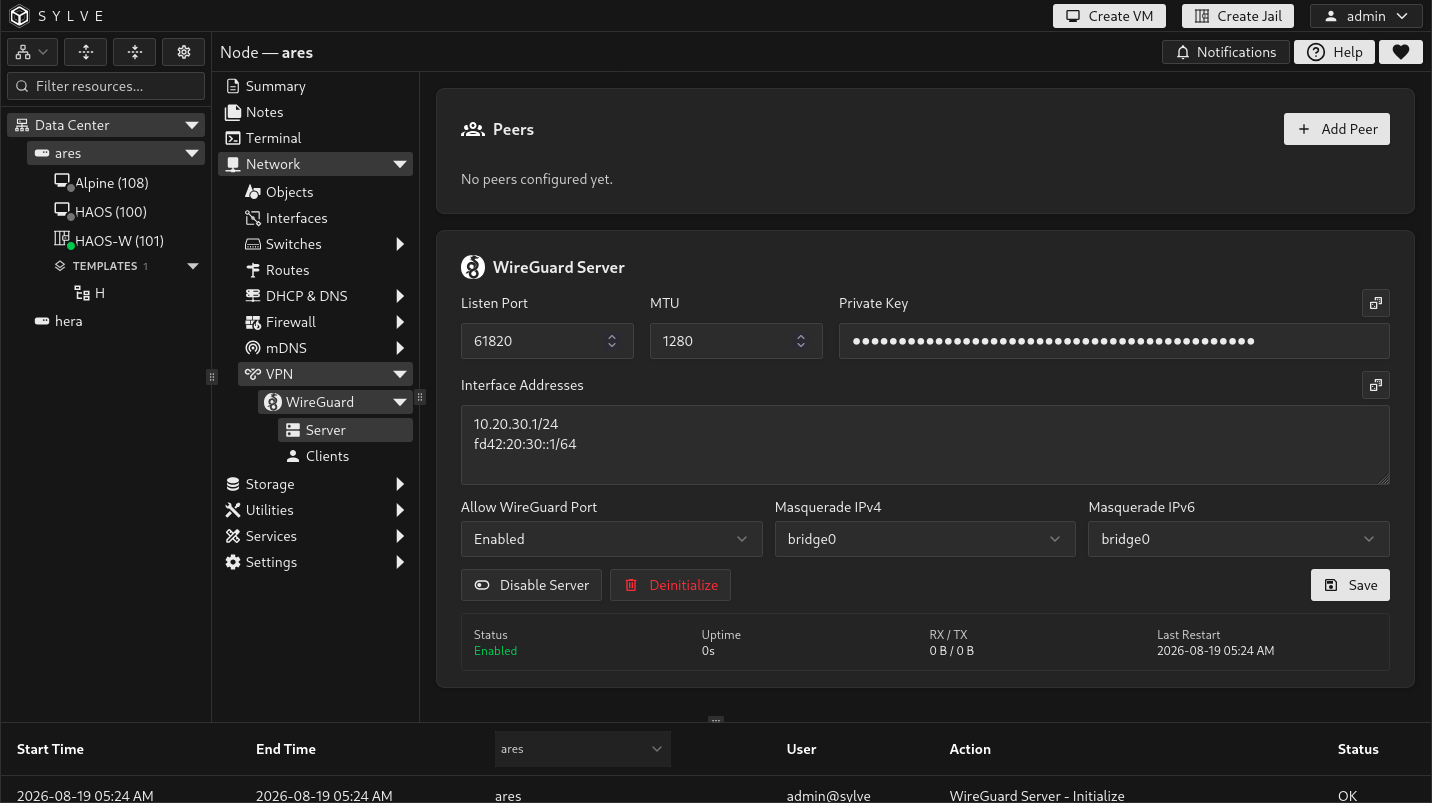 Active WireGuard Server overview showing tunnel addresses, public key, transfer counters, controls, and configured peers