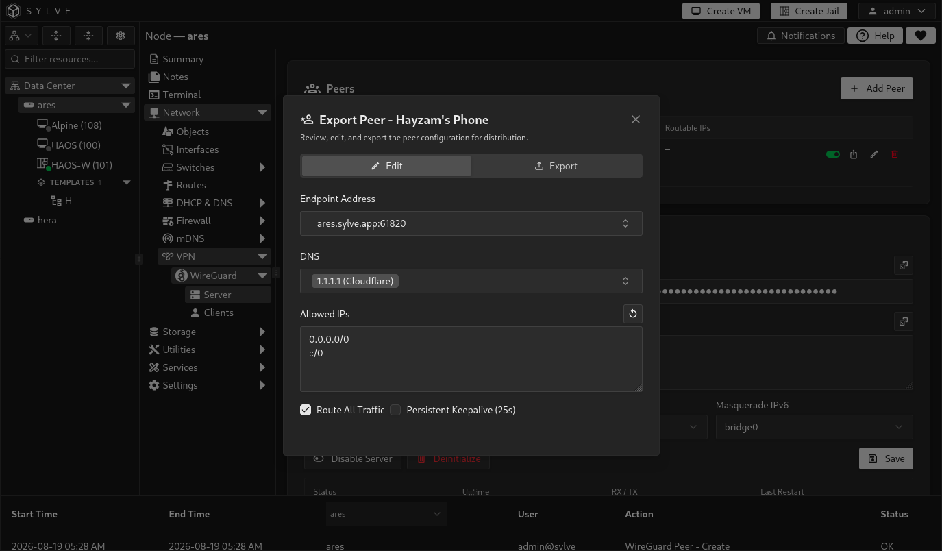 Edit tab of the WireGuard peer export dialog with an endpoint address, DNS server selection, allowed IPs, route-all-traffic, and keepalive options