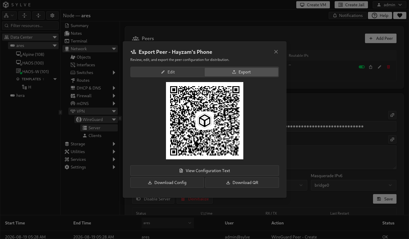 Export tab of the WireGuard peer export dialog showing a generated QR code for a peer configuration