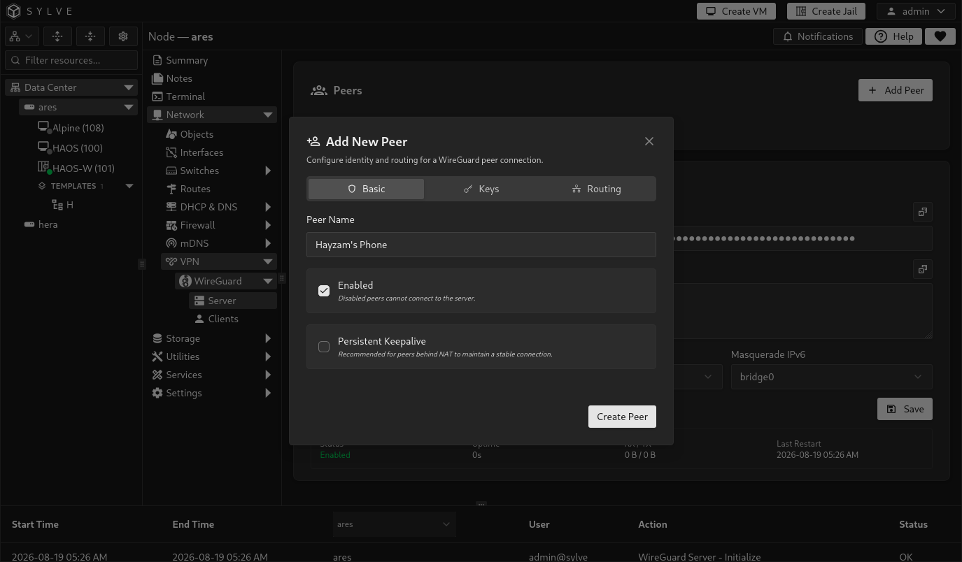 Basic tab of the Add New WireGuard Peer dialog with a peer name, enabled state, and persistent keepalive