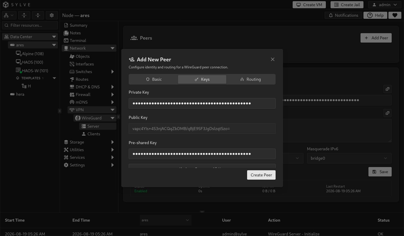 Keys tab of the Add New WireGuard Peer dialog showing the private key, derived public key, optional pre-shared key, and key generation button