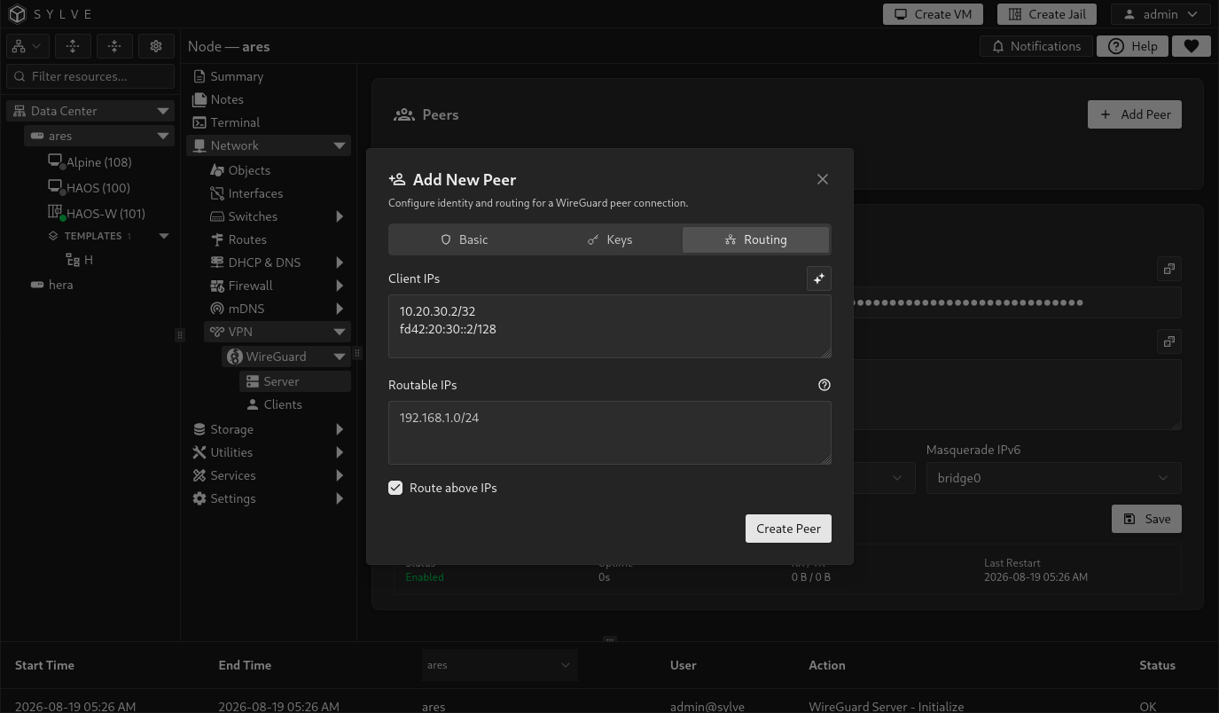 Routing tab of the Add New WireGuard Peer dialog with client tunnel IPs, optional routable networks, and Route above IPs enabled