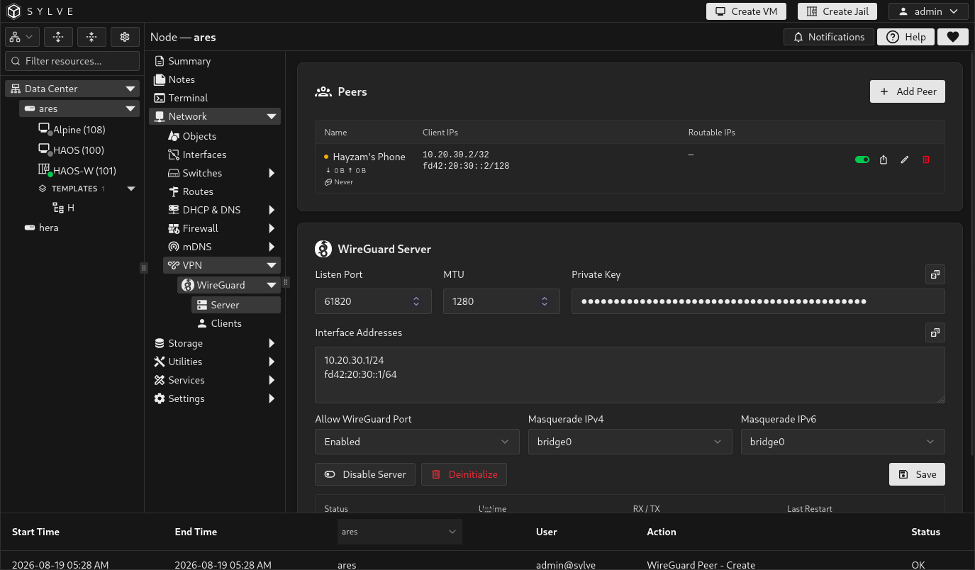 WireGuard server peer table showing peer status, assigned addresses, last handshake, and transfer counters