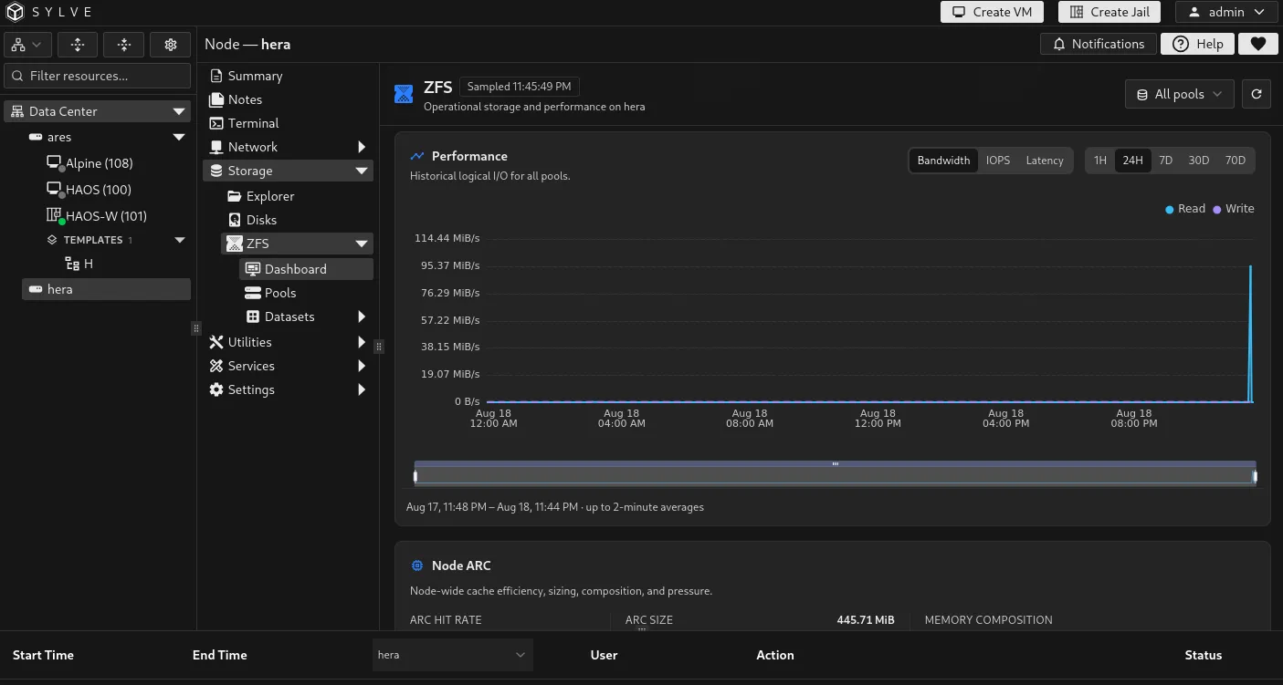 ZFS performance card with a historical bandwidth chart and controls for metric and time range